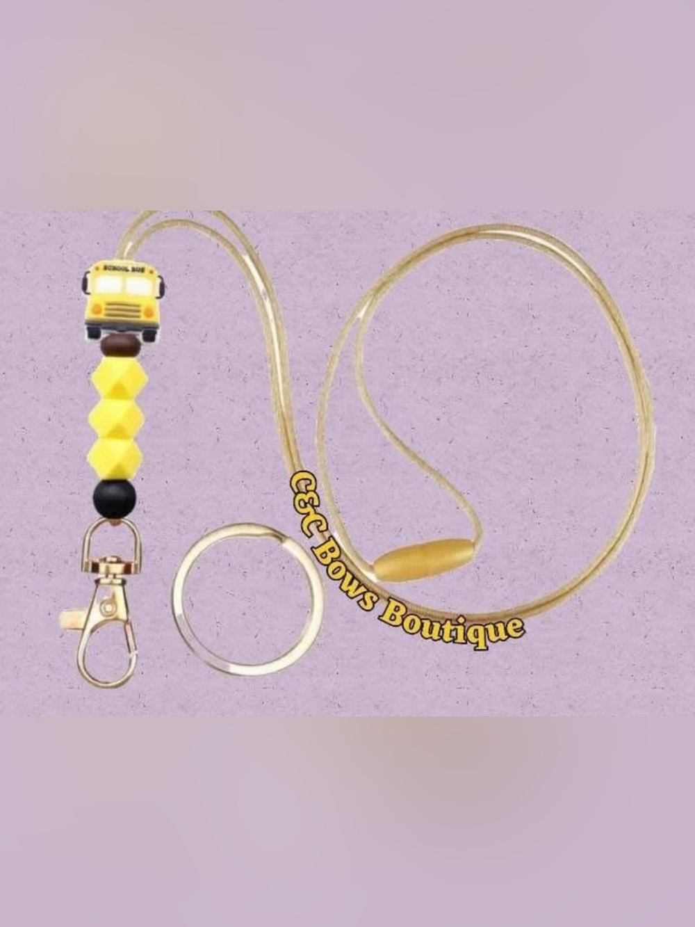 Yellow School Bus Beaded Lanyard Keychain